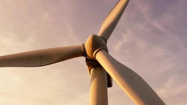 Wind turbine rotating against golden sunset sky providing clean sustainable energy source