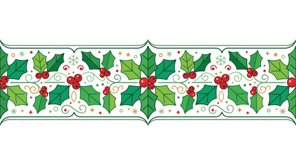 Fototapeta premium Festive Holly Berry Border with Stars and Swirls