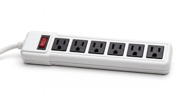 White electric power strip featuring multiple outlets and a red switch placed on white background