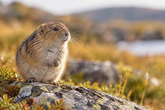 Small brown lemming standing alert on rocky outcrop in grassland