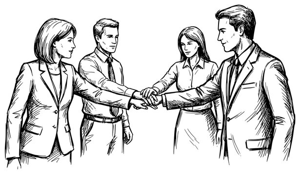 Business team hand drawn sketch showing four professionals shaking hands in a collaborative workplace meeting