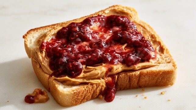 Close up of slice of toasted white bread with smooth peanut butter and rich red jelly spread on top against light background