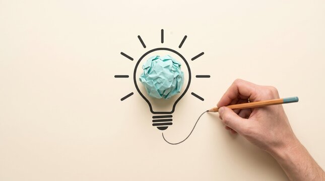 Creative idea generation with light bulb and hand drawing