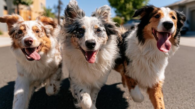 Three happy dogs running outdoors on sunny street enjoying playful moment with tongues out and joyful expressions close up