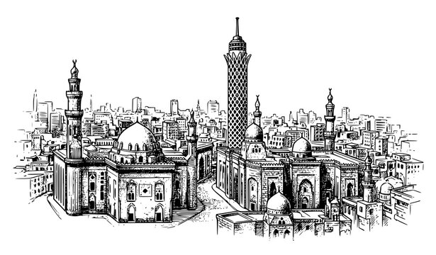 Cairo Egypt hand drawn skyline featuring historic mosques minarets domes and dense urban architecture