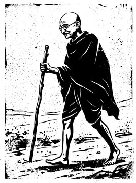Mahatma Gandhi walking with a wooden staff illustration in black and white grunge ink style art