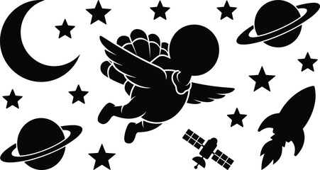 Space astronaut turkey vector silhouette set with flying character rocket ship planet saturn satellite and stars © MDShahin