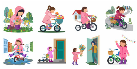 Fototapeta premium Cute little girl in pink raincoat picking spring flowers and riding her bicycle to deliver bouquets set of vector illustrations