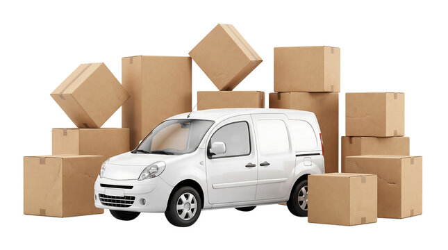 White cargo van surrounded by stacked cardboard shipping boxes on a transparent background