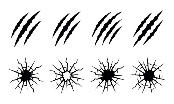 Claw marks and broken glass vector set with bullet holes, scratches, and shattered glass effects isolated on white
