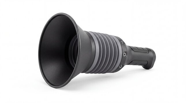 Matte black handheld acoustic detector with metallic grey ridges captured in studio on white background