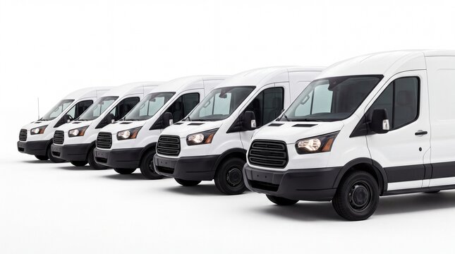 Multiple white delivery cargo vans lined up in a row for commercial shipping on white background