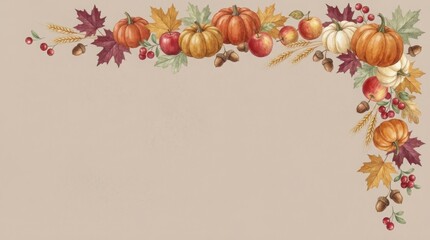 Fototapeta premium A beautiful thanksgiving border with pumpkins leaves and autumnal colors