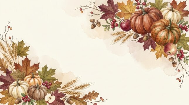 A beautiful autumnal thanksgiving border with pumpkins leaves and floral elements
