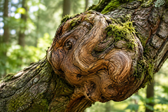 Close-up of a twisted burl on an ancient tree branch with moss.