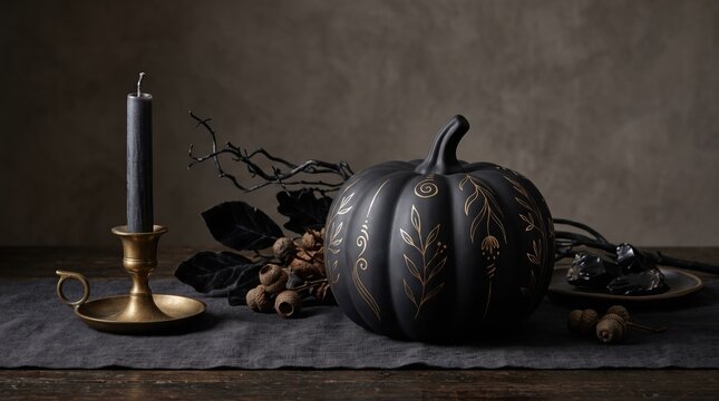 Elegant carved black pumpkin with gold pattern next to a burning candle on a dark table halloween decoration brass candlestick seasonal decor home decor still life festive autumn tabletop