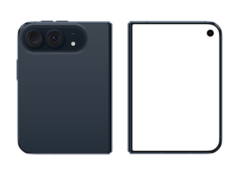 Set of realistic foldable smartphones in Night Sky color with front, back, and folded views, featuring sleek bodies, screens, and detailed hardware in a vector design on a transparent background