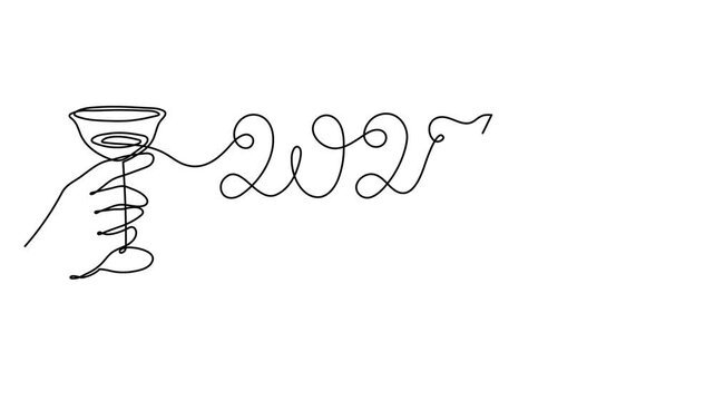 Hand holds wine clinking glass celebrating 2027 new year animation, one line art, continuous drawing contour motion. Cheers toast, festive hand-drawn holiday decoration, outline video. 4k self-drawing