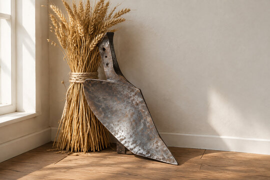 Reforged metal blade shaped into plowshare against dried wheat, peace and farming concept