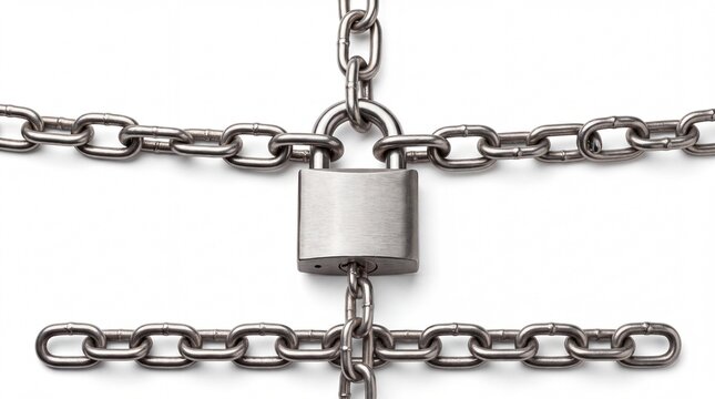 Heavy duty stainless steel padlock secured tightly within interlocking metal industrial chains on white background