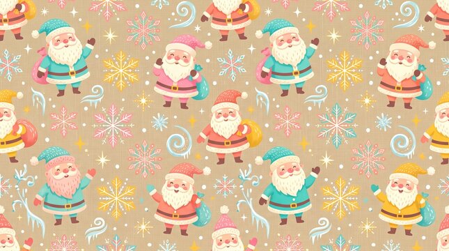 Santa Claus and snowflakes pattern on a textured beige background