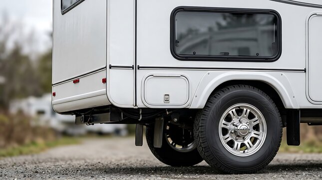Close-up view of the rear tire and exterior storage compartment side panel of a modern white 5th wheel rv vehicle