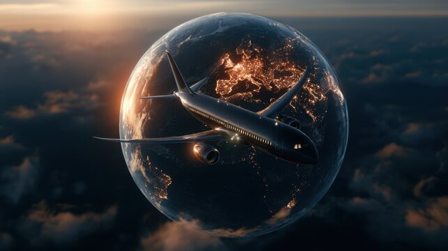 Airplane flying around illuminated earth globe at night with city light and sunset sky in background futuristic travel concept