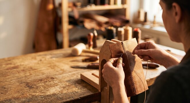 Artisan hands saddle stitching handcrafted leather goods with negative copy space