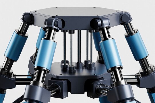 3D render of industrial hexapod motion platform. Six axis parallel kinematics mechanism with blue electric cylinders, hydraulic servos. High tech Stewart platform used for robotic testing,