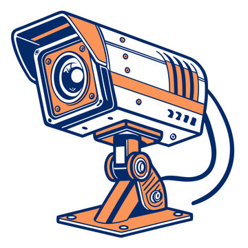 Security surveillance camera mounted on a base in an isometric view on a white background, for safety and, monitoring technology concepts