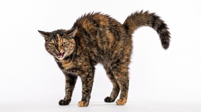 Angry tortoiseshell cat with arched back and hissing expression isolated on a white background