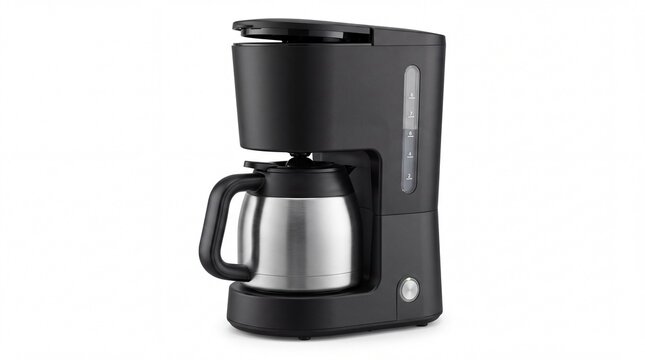 Modern matte black drip coffee maker with stainless steel carafe machine shown isolated on white background
