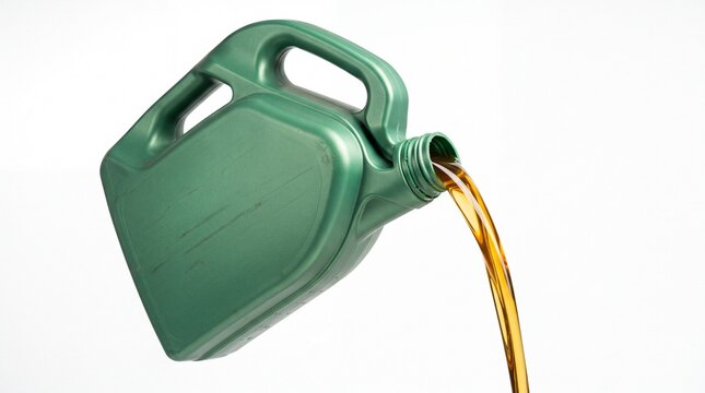 Green plastic container pouring fresh golden motor oil into a car engine on white background