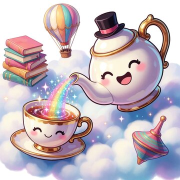 Smiling teapot pours rainbow magic into teacup with floating books and hot air balloon. Whimsical fantasy illustration mixes childhood wonder imagination and learning with playful adventure dreams.
