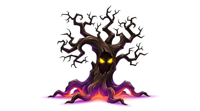 Spooky magical Halloween dead tree illustration with glowing yellow eyes, twisting branches, and eerie purple magic on isolated background
