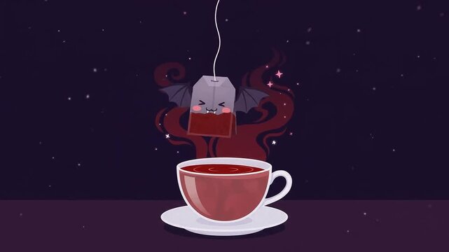 Halloween Cute Animated Vampire Tea Bag Character Dipping into a Hot Cup of Tea 4K Motion Graphic