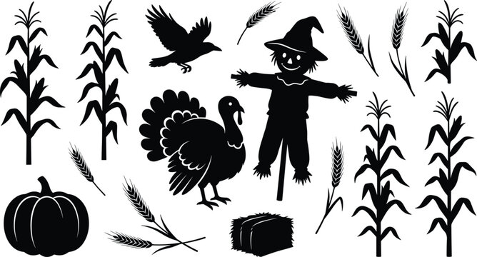 Autumn harvest farm vector silhouette set with scarecrow turkey pumpkin corn stalks crow and wheat elements