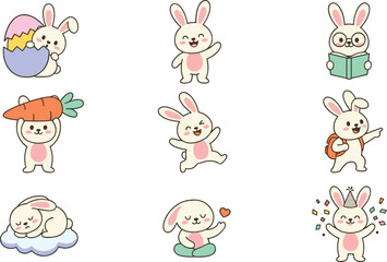 Obraz premium Cute Easter Bunny Cartoon Character Set with Various Poses and Holiday Activity Elements for Children Birthday Party Invitations and Kids School Stationery Designs