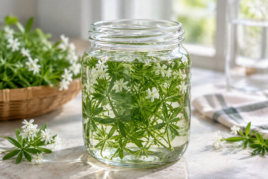 Fresh sprigs of sweet woodruff submerged in clear liquid in a jar.