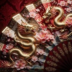 Obraz premium Golden dragons adorn decorative fan featuring pink blossoms, intricate red patterns. Oriental artwork combines traditional motifs with elegant floral designs, power, beauty. Perfect for cultural