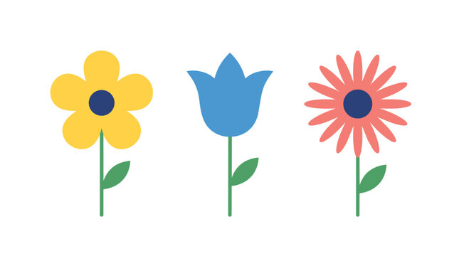 Three colorful flat vector flowers yellow blue and pink isolated illustrations simple floral design spring garden botanical nature icons set.