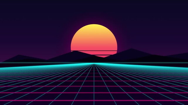 Retro synthwave horizon loops seamlessly across a grid landscape with a glowing orange sun loop