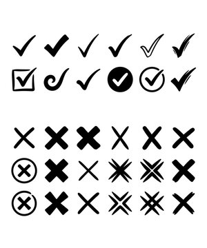 Set of hand drawn check marks and cross signs isolated on white background for design elements