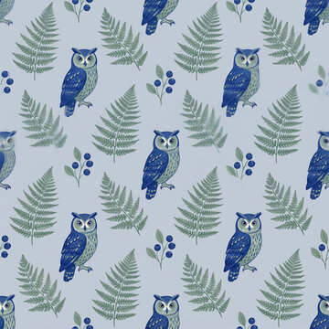 Artistic woodland owls and fern fronds on soft pale slate seamless pattern background