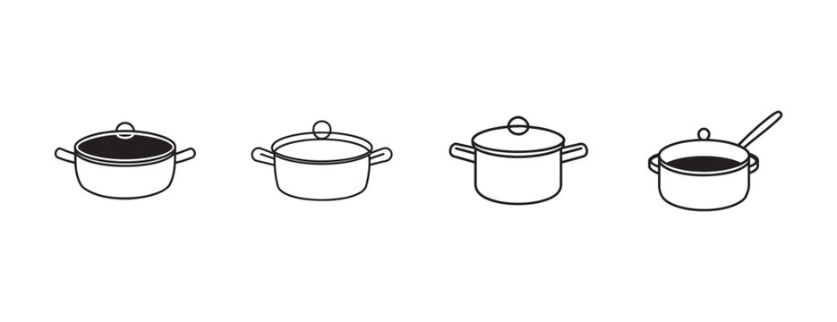 saucepans with lids and one with a spoon inside on white background  kitchen cookware