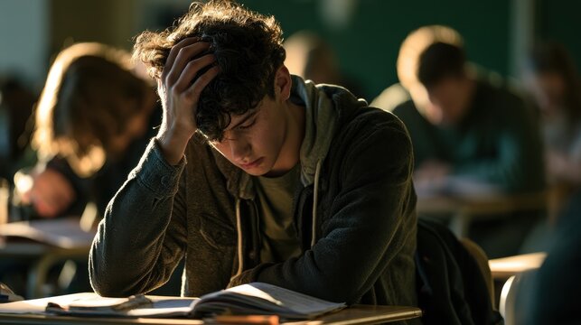 Stressed young man studying at desk in classroom feeling overwhelmed and anxious while reading book with focused expression