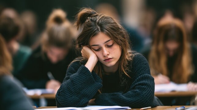 Young woman student looking tired and bored while sitting at desk in classroom during exam or study session in educational environment