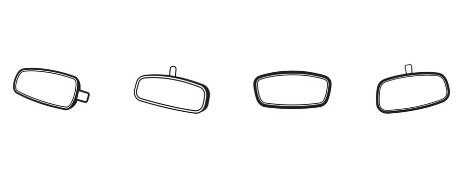 view mirror designs for cars in black outline on white background for automotive or industrial concepts  various angles and styles