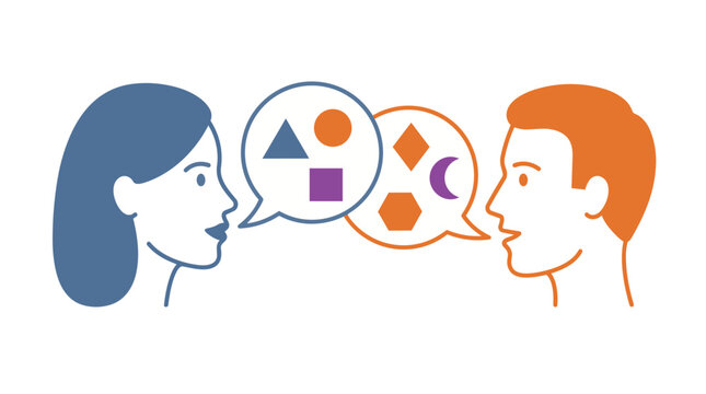 Man and woman communicating with speech bubbles containing geometric shapes illustrating dialogue exchange conversation interaction communication talking speaki