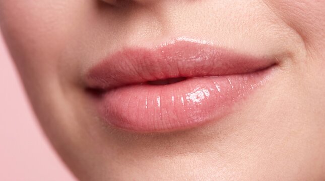 Close up of young woman lips with glossy pink lipstick and clean skin, beauty makeup concept